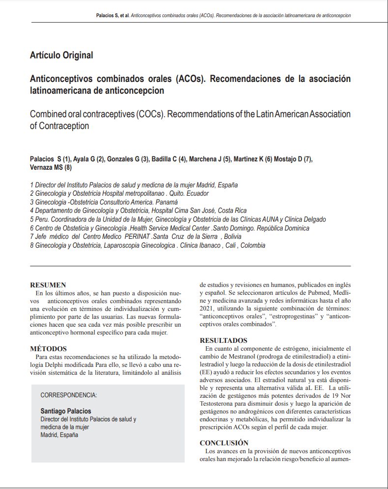Anticonceptivos combinados orales (ACOs). Recomendaciones de la asociación latinoamericana de anticoncepcion